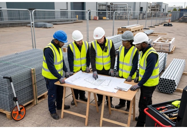 Lista kontrolna kontroli przed uruchomieniem Contractor pre-start meeting reviewing perimeter drawing delivery checklist and packed materials